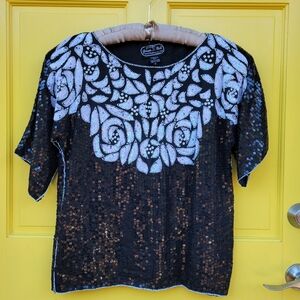 Vintage Joseph Le Bon Beaded Silk Sequin Evening Top | Padded Shoulders